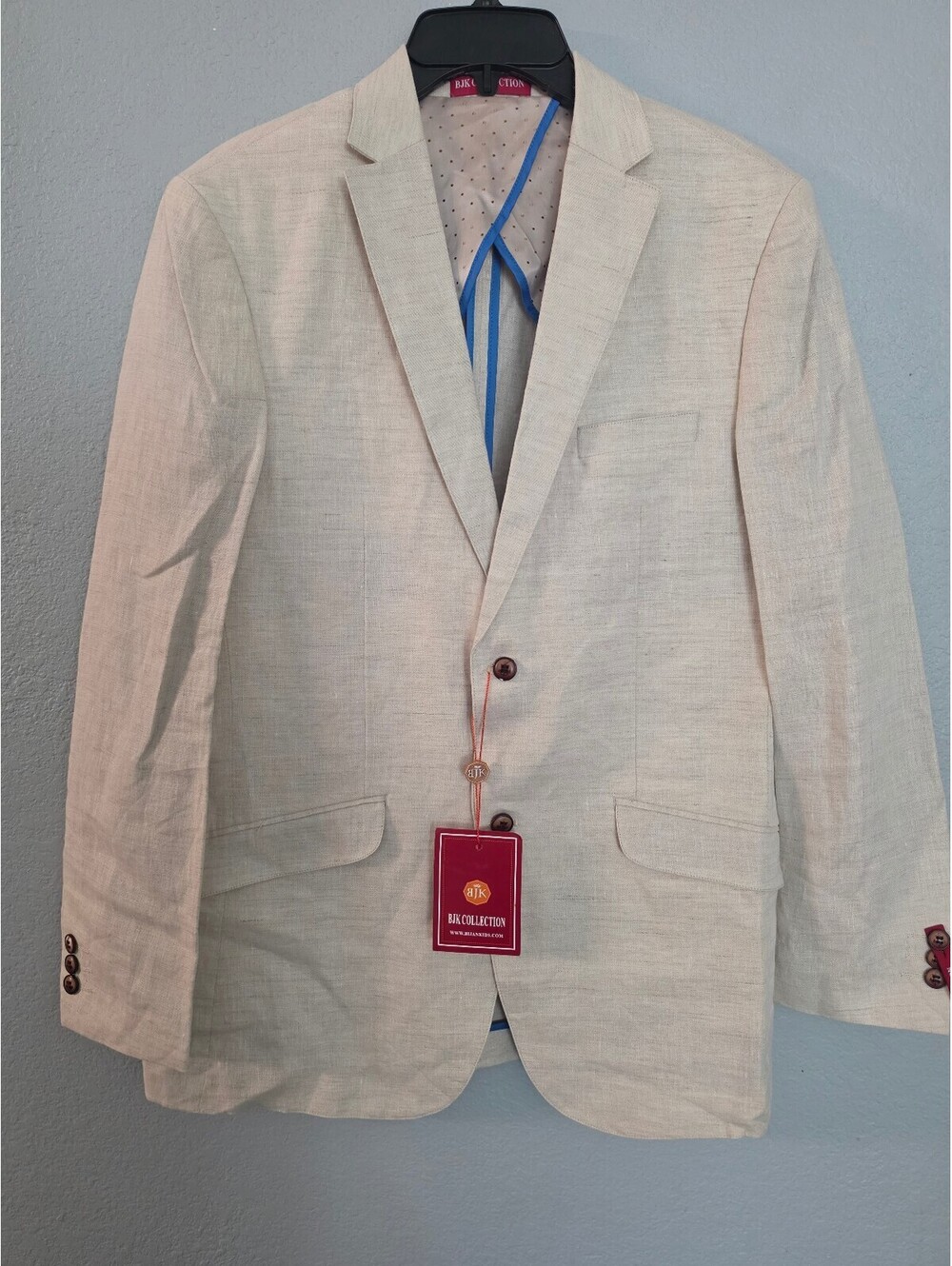 BJK Collection Men's Beige Linen Blend Suit Jacket with Polka Dot Lining